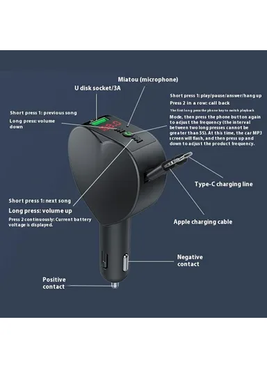 3 in 1 Super Fast Car Charger MP3 Player with Bluetooth, Voltage Monitor, Hands-Free Call, FM &amp; Type-C + Lightning Retractable Cables Y2