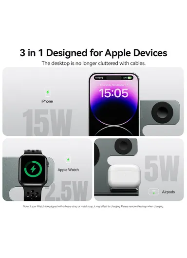 3-in-1 15W Magnetic Wireless Charger Desktop Charging Station for Phone, Earphone, Smart Watch
