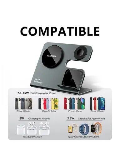 3-in-1 15W Magnetic Wireless Charger Desktop Charging Station for Phone, Earphone, Smart Watch