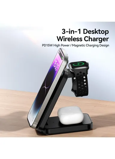 15W Desktop 3-in-1 Magnetic Wireless Charger for Phone, Earphone, Smart Watch Foldable Charging Station