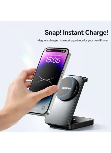 15W Desktop 3-in-1 Magnetic Wireless Charger for Phone, Earphone, Smart Watch Foldable Charging Station