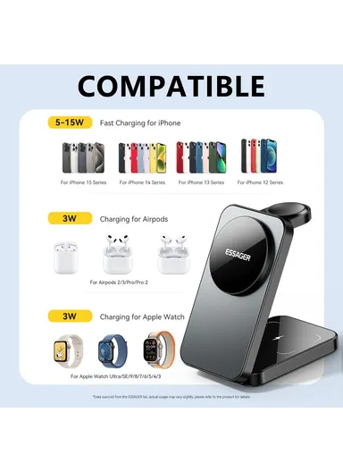 15W Desktop 3-in-1 Magnetic Wireless Charger for Phone, Earphone, Smart Watch Foldable Charging Station