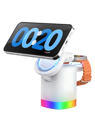 3-in-1 Foldable Wireless Charger Magnetic Charging Station for iPhone, AirPods &amp; Apple Watch T15 - White