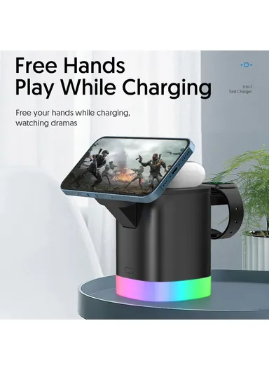 3-in-1 Foldable Wireless Charger Magnetic Charging Station for iPhone, AirPods &amp; Apple Watch T15 - White