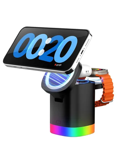3-in-1 Foldable Wireless Charger Magnetic Charging Station for iPhone, AirPods &amp; Apple Watch T15 - Black