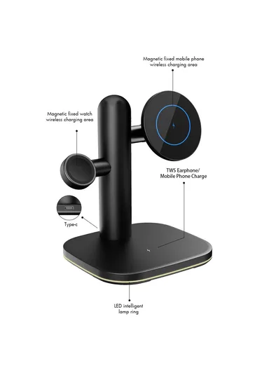 Compatible with MagSafe 15W Wireless Charger Stand with Light for Apple Watch, AirPods iPhone W98 - Black