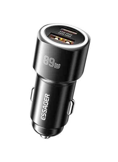 89W Super Flash Charge USB+Type-C Car Charger Aluminum Alloy Adapter - Black