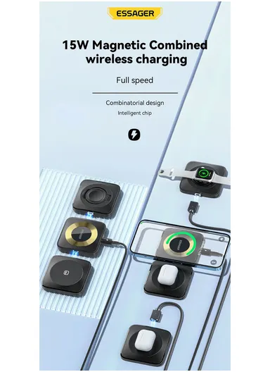 15W Portable Charging Pad Mini Size Magnetic Wireless Charger for Apple Watch iPhone AirPods - Black
