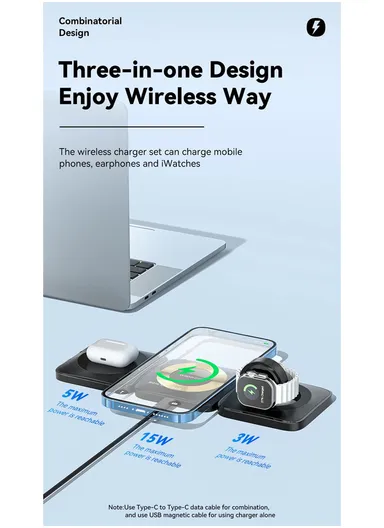 15W Portable Charging Pad Mini Size Magnetic Wireless Charger for Apple Watch iPhone AirPods - Black