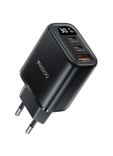 Digital Display 30W Wall Charger 2 Type-C + 1 USB-A Phone Charging Adapter - EU Plug YC69