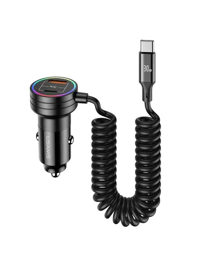60W USB + Type-C Dual Ports Car Charger with Spring Cable &amp; Ambient Light US-CC167 C33
