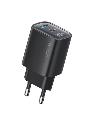 30W GaN Adapter USB-C+USB-C Dual Port Charger Block Real-Time Digital Display, EU Plug CC229 - Black