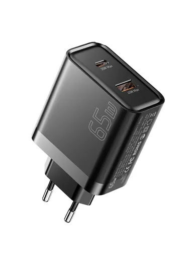 65W Fast Charging Portable Power Adapter USB-A + Type-C Dual Ports Travel Charger - EU Plug