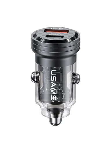 45W Car Charger Aluminum Alloy Transparent USB-A+USB-C Mini Car Charger with Light US-CC175 C35 - Black