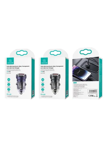 45W Car Charger Aluminum Alloy Transparent USB-A+USB-C Mini Car Charger with Light US-CC175 C35 - Black