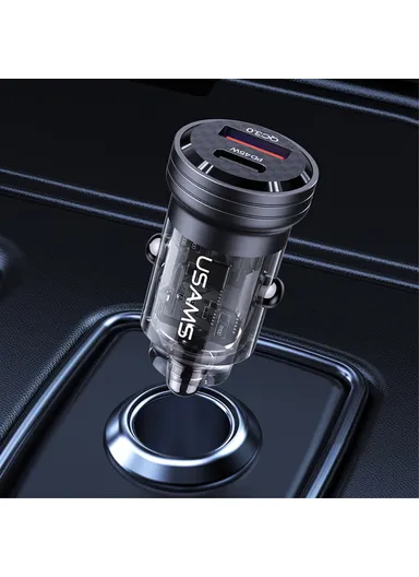 45W Car Charger Aluminum Alloy Transparent USB-A+USB-C Mini Car Charger with Light US-CC175 C35 - Black