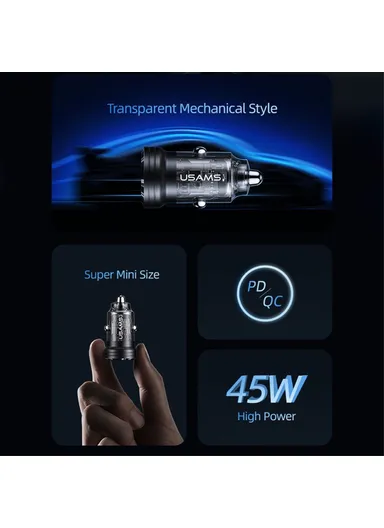 45W Car Charger Aluminum Alloy Transparent USB-A+USB-C Mini Car Charger with Light US-CC175 C35 - Black