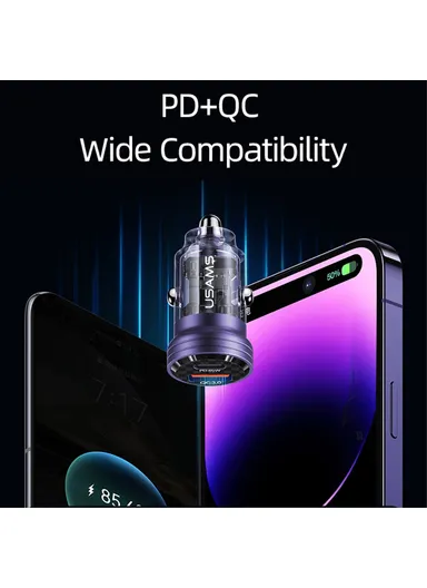 45W Car Charger Aluminum Alloy Transparent USB-A+USB-C Mini Car Charger with Light US-CC175 C35 - Black