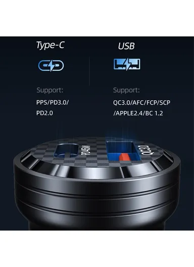 45W Car Charger Aluminum Alloy Transparent USB-A+USB-C Mini Car Charger with Light US-CC175 C35 - Black