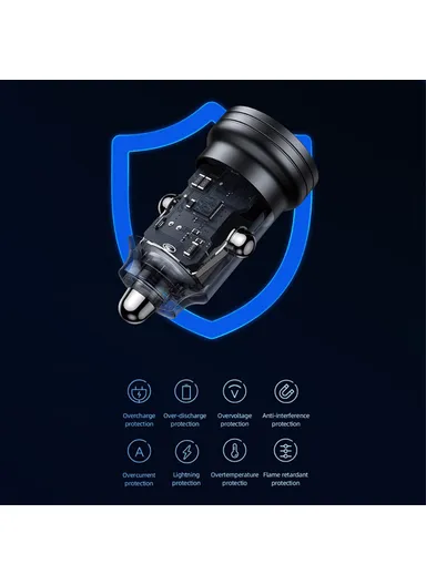 45W Car Charger Aluminum Alloy Transparent USB-A+USB-C Mini Car Charger with Light US-CC175 C35 - Black