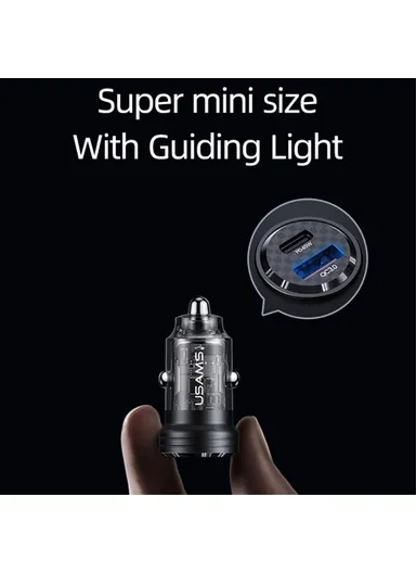 45W Car Charger Aluminum Alloy Transparent USB-A+USB-C Mini Car Charger with Light US-CC175 C35 - Black