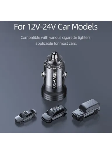 45W Car Charger Aluminum Alloy Transparent USB-A+USB-C Mini Car Charger with Light US-CC175 C35 - Black