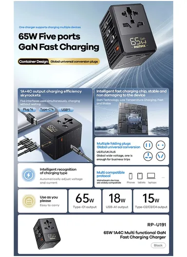 65W GaN Fast Charger 1A+4C Multi Port Adapter For Multiple Devices RP-U191