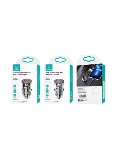 PD 30W Fast Charger Transparent USB-A + Type-C Mini Car Charger with Blue Backlight US-CC164 C32 - Black