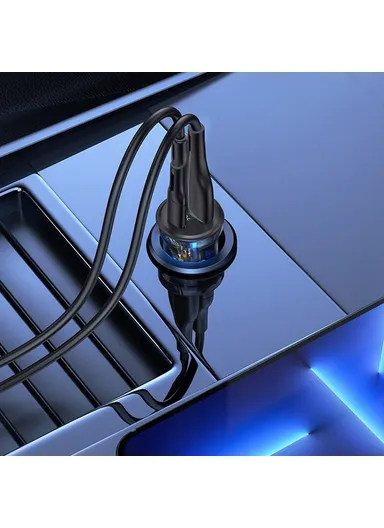 PD 30W Fast Charger Transparent USB-A + Type-C Mini Car Charger with Blue Backlight US-CC164 C32 - Black