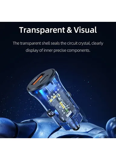 PD 30W Fast Charger Transparent USB-A + Type-C Mini Car Charger with Blue Backlight US-CC164 C32 - Black