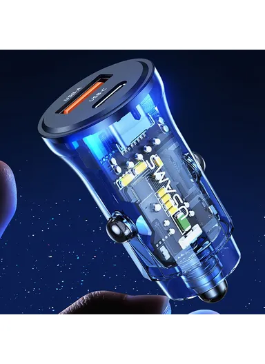 PD 30W Fast Charger Transparent USB-A + Type-C Mini Car Charger with Blue Backlight US-CC164 C32 - Black