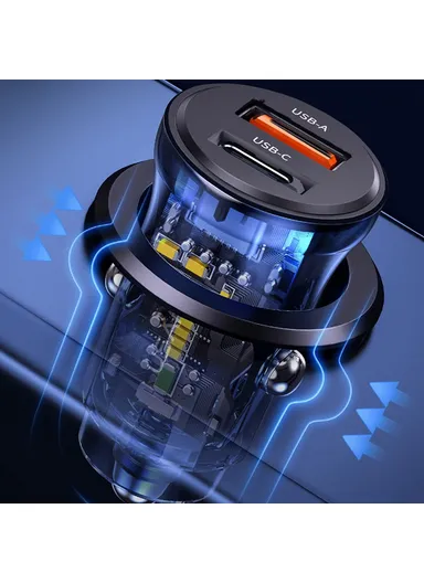 PD 30W Fast Charger Transparent USB-A + Type-C Mini Car Charger with Blue Backlight US-CC164 C32 - Black