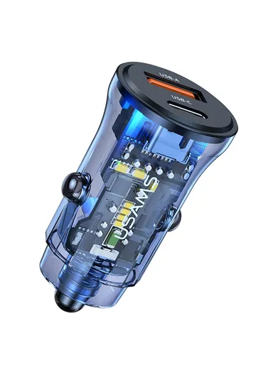 PD 30W Fast Charger Transparent USB-A + Type-C Mini Car Charger with Blue Backlight US-CC164 C32 - Black