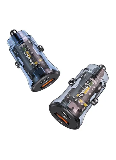 PD 30W Fast Charger Transparent USB-A + Type-C Mini Car Charger with Blue Backlight US-CC164 C32 - Black
