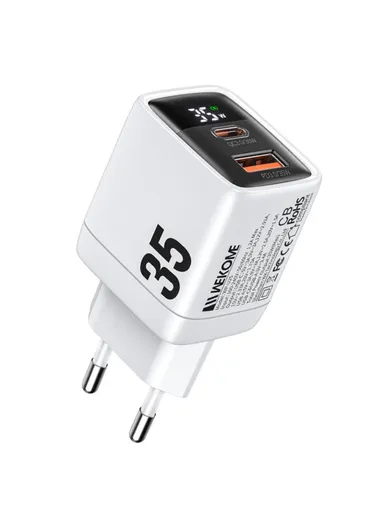 35W GaN Charger Dual Port Fast Wall Charger Digital Display Adapter, EU Plug WP-U25 - White