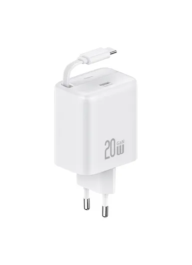 20W GaN Charger PD3.0+QC3.0 Fast Charging Adapter with Retractable Type-C Cable, EU Plug CC233 - White