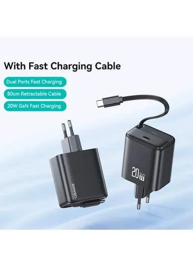 20W GaN Charger PD3.0+QC3.0 Fast Charging Adapter with Retractable Type-C Cable, EU Plug CC233 - White