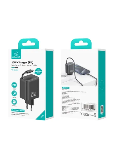 20W GaN Charger PD3.0+QC3.0 Fast Charging Adapter with Retractable Type-C Cable, EU Plug CC233 - White