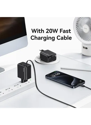 20W GaN Charger PD3.0+QC3.0 Fast Charging Adapter with Retractable Type-C Cable, EU Plug CC233 - White