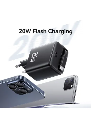 20W GaN Charger PD3.0+QC3.0 Fast Charging Adapter with Retractable Type-C Cable, EU Plug CC233 - White