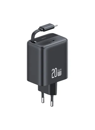 20W GaN Charger PD3.0+QC3.0 Fast Charging Adapter with Retractable Type-C Cable, EU Plug CC233 - Black