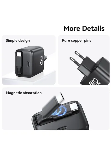 20W GaN Charger PD3.0+QC3.0 Fast Charging Adapter with Retractable Type-C Cable, EU Plug CC233 - Black