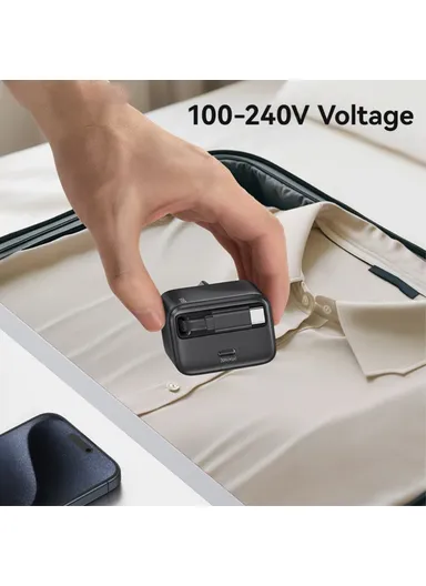 20W GaN Charger PD3.0+QC3.0 Fast Charging Adapter with Retractable Type-C Cable, EU Plug CC233 - Black