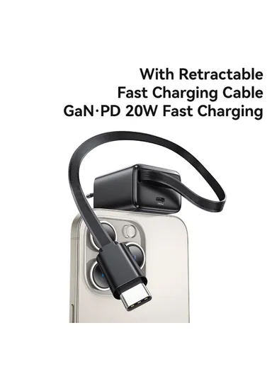 20W GaN Charger PD3.0+QC3.0 Fast Charging Adapter with Retractable Type-C Cable, EU Plug CC233 - Black