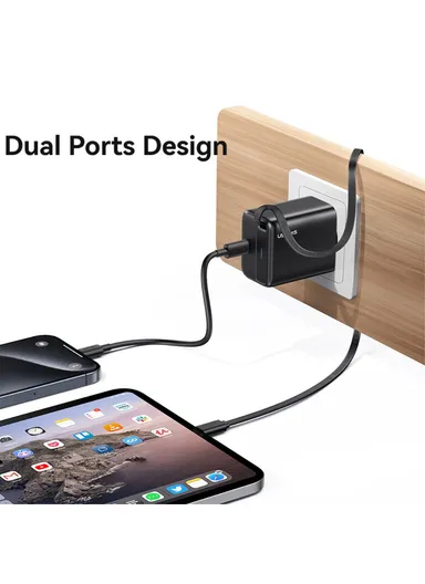 20W GaN Charger PD3.0+QC3.0 Fast Charging Adapter with Retractable Type-C Cable, EU Plug CC233 - Black