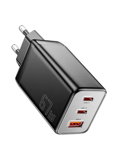 67W High Power GaN Travel Adapter USB-A + 2 Type-C Portable Wall Charger - EU Plug / Black