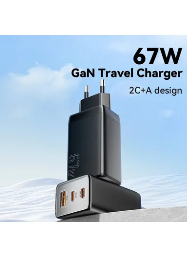 67W High Power GaN Travel Adapter USB-A + 2 Type-C Portable Wall Charger - EU Plug / Black