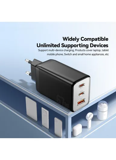 67W High Power GaN Travel Adapter USB-A + 2 Type-C Portable Wall Charger - EU Plug / Black