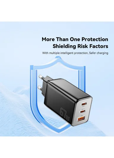 67W High Power GaN Travel Adapter USB-A + 2 Type-C Portable Wall Charger - EU Plug / Black