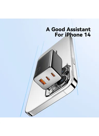 67W High Power GaN Travel Adapter USB-A + 2 Type-C Portable Wall Charger - EU Plug / Black